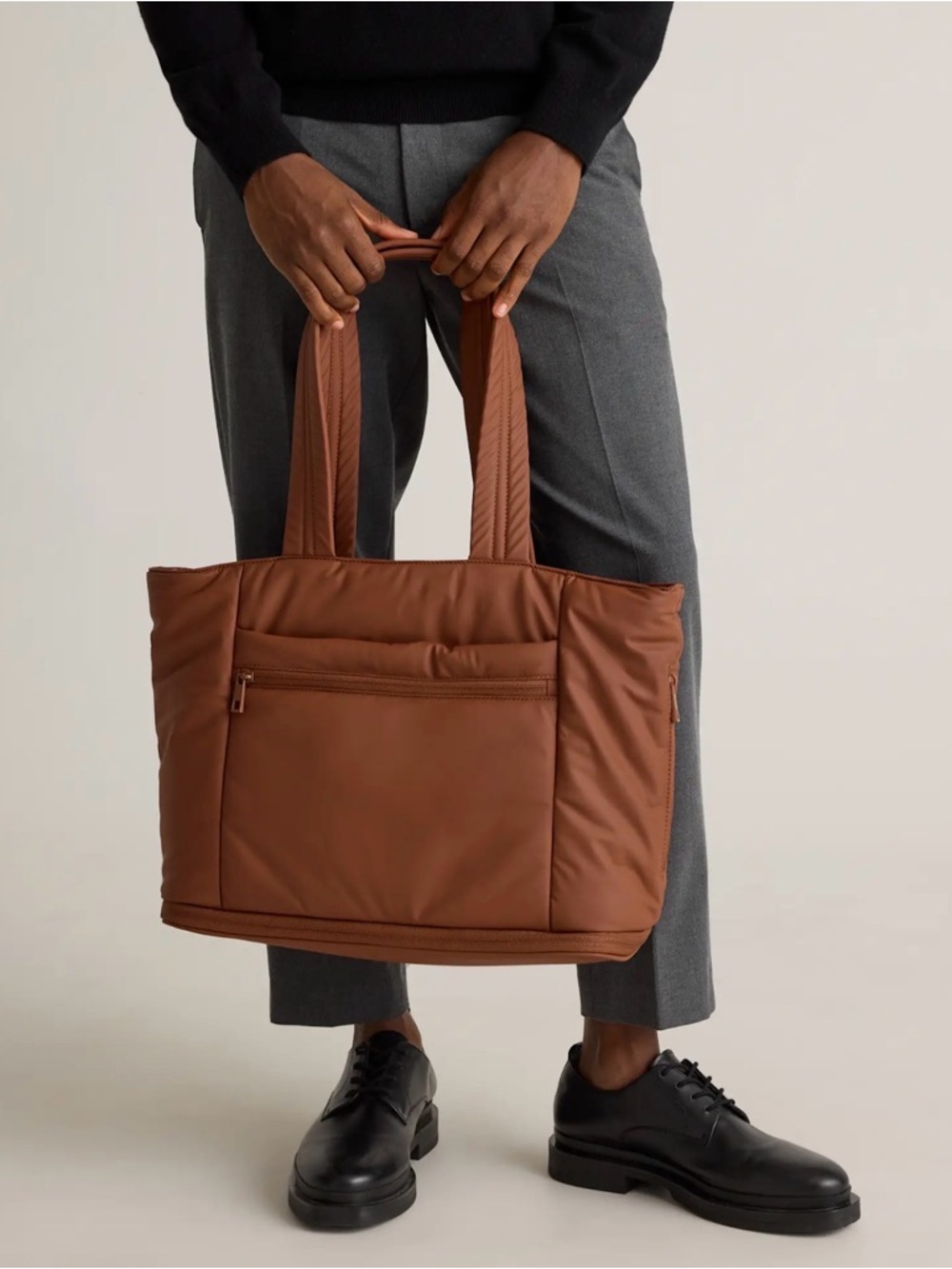 Quince Water Repellent Puff Expandable Tote with luggage sleeve in brown - Picture 2 of 8